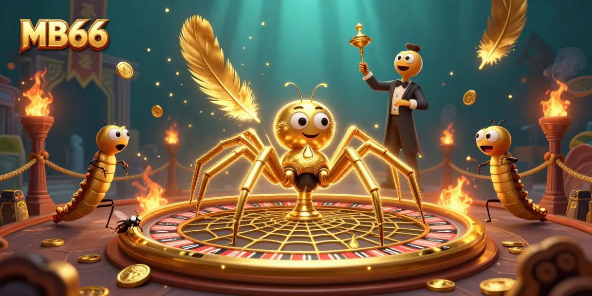 Experience the excitement of MB66 with a golden spider and centipede dealer in a casino-themed illustration.