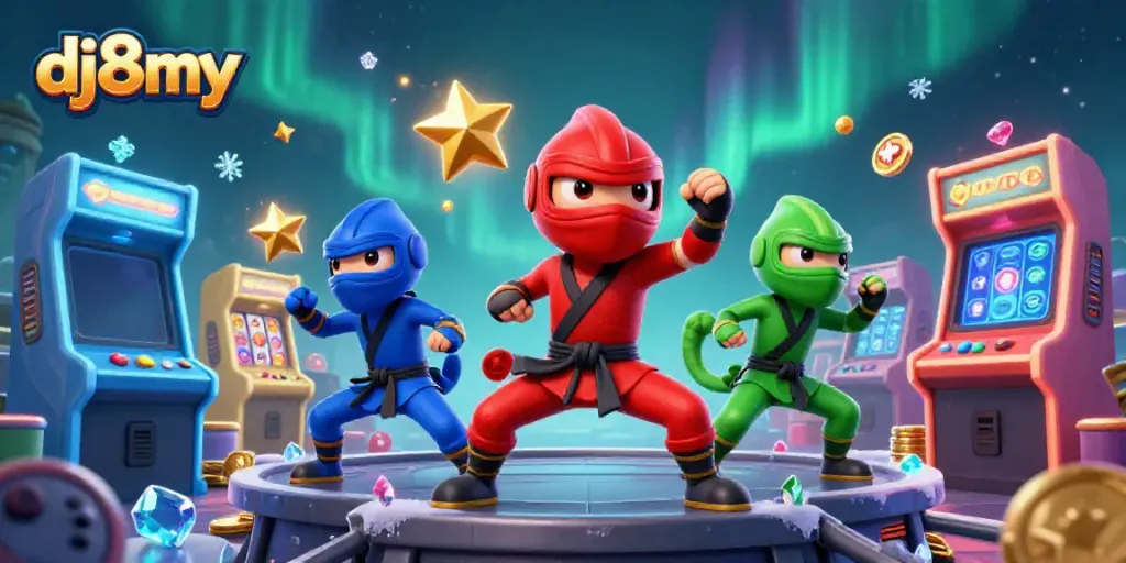 Engage with the vibrant scene of dj8my featuring ninja chameleons amidst a colorful casino gaming atmosphere.