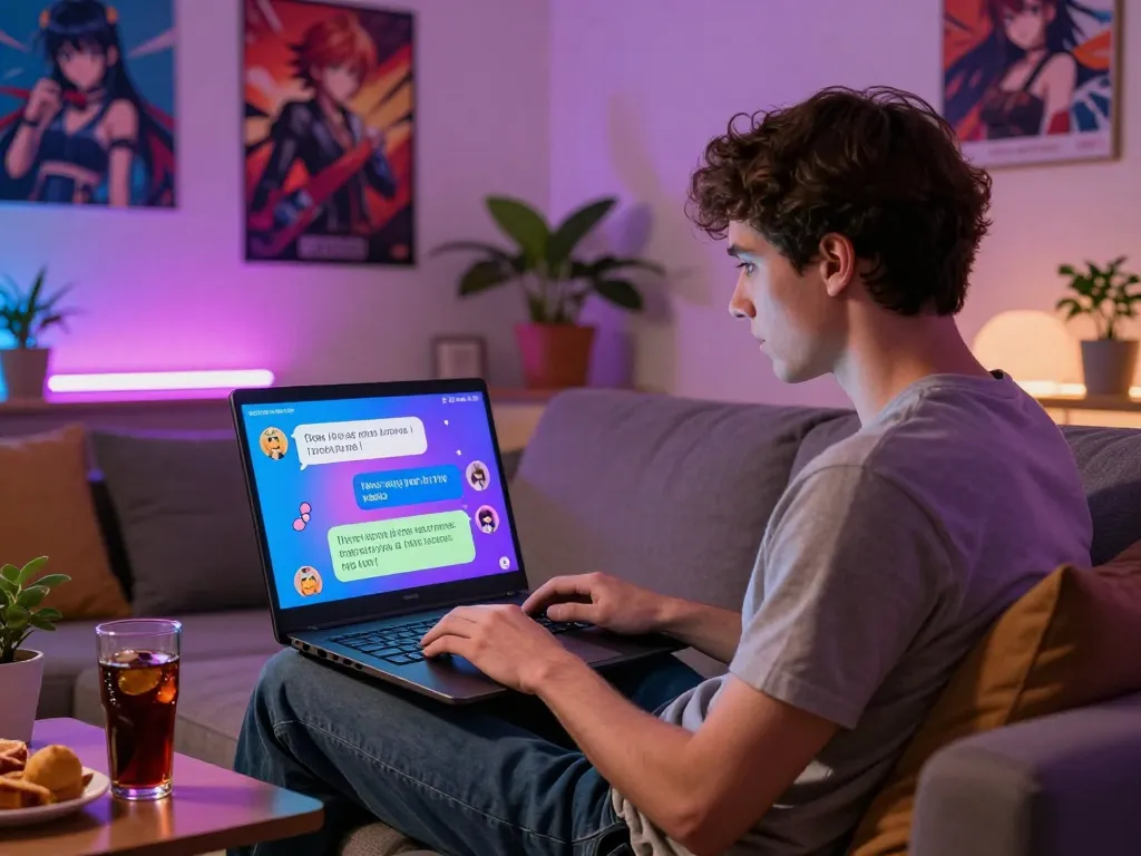 Exciting ai chat nsfw character interaction in a cozy home setting with vibrant chat bubbles.