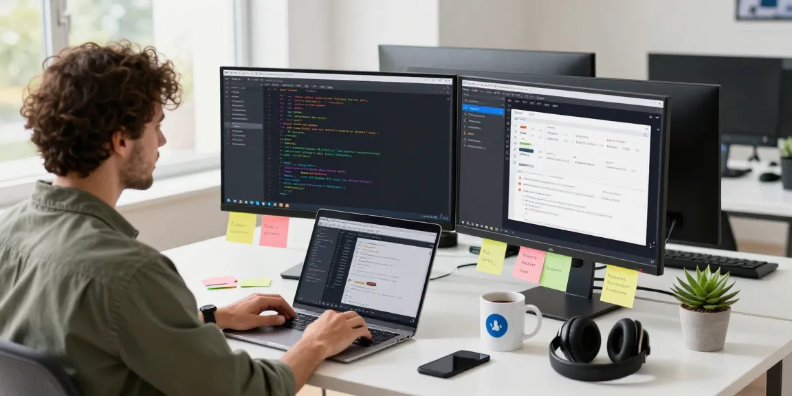 Dynamic workspace highlighting the WPS Official Website interface on dual monitors in an inspiring tech environment.
