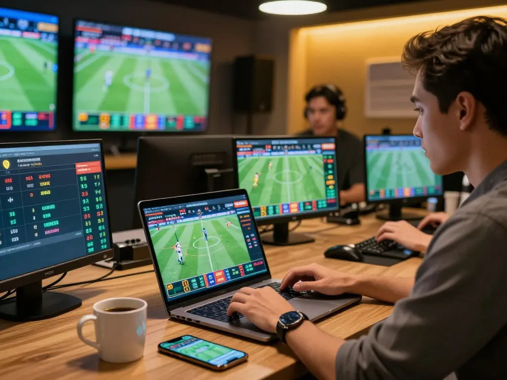 Person engaging with ty le keo nha cai on a laptop in a modern sports betting setup.