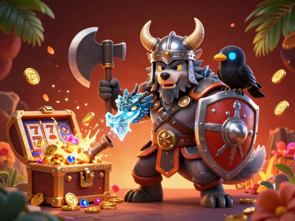 Engage in thrilling gameplay at RR88 with a Viking warrior, dragon, and vibrant casino elements.