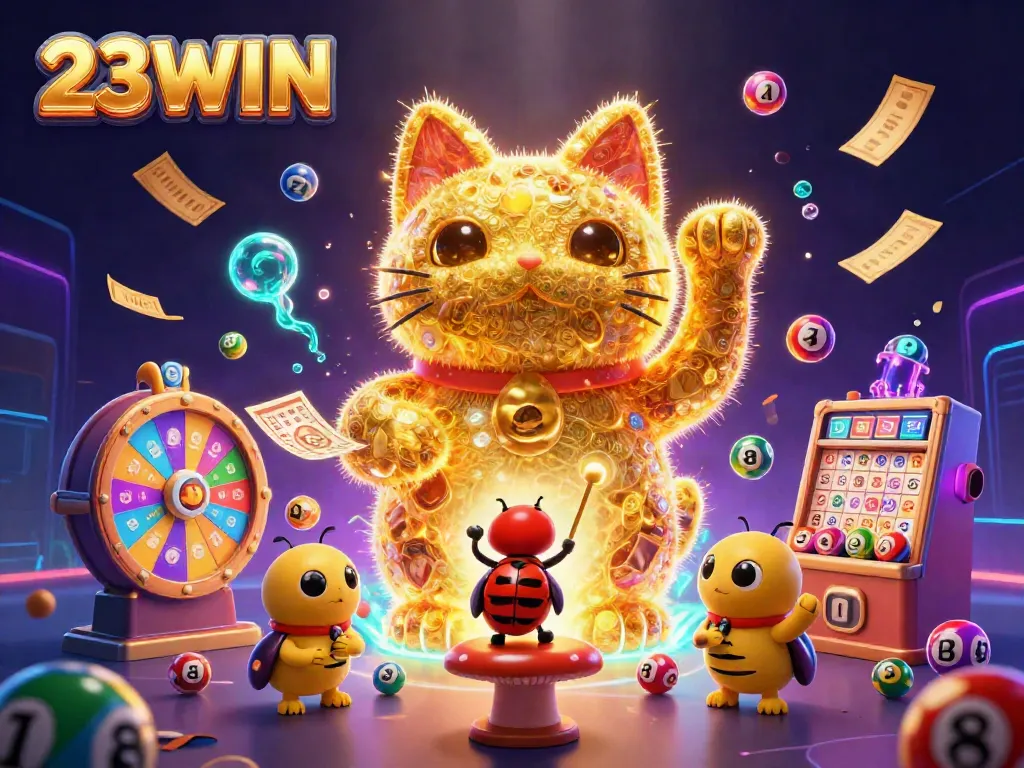 Enjoy the vibrant excitement of 23WIN, featuring a golden lucky cat and dynamic casino elements.