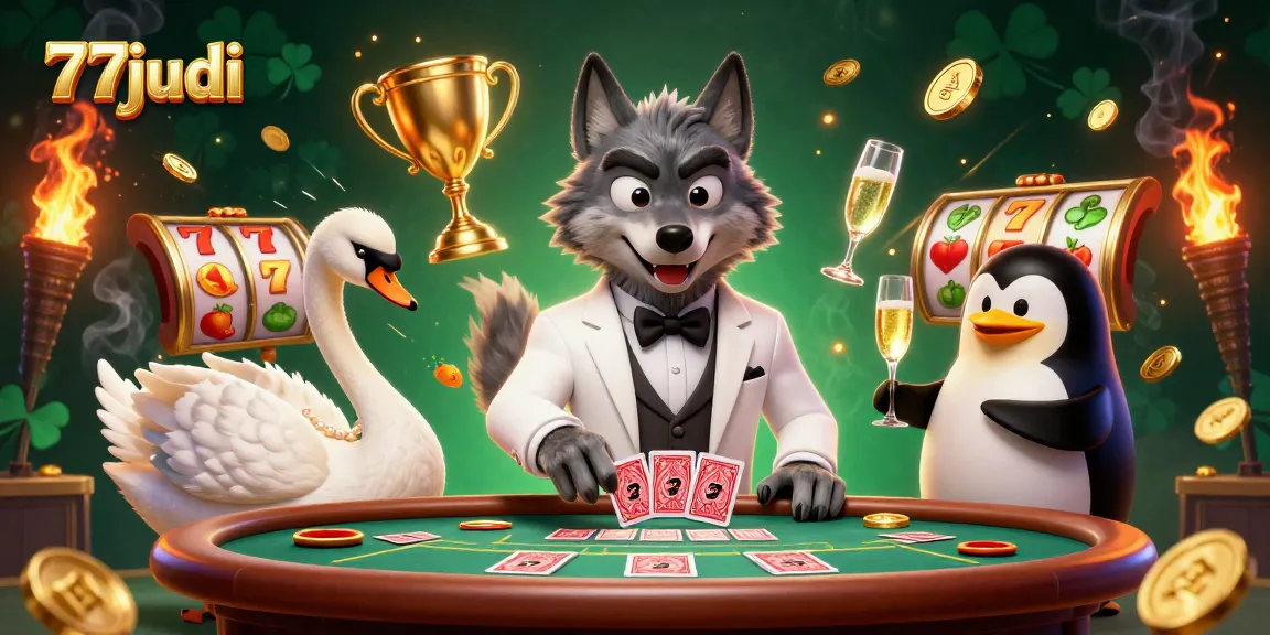 Experience thrilling gameplay at 77judi Casino with 3D characters, slot reels, and vibrant casino elements.