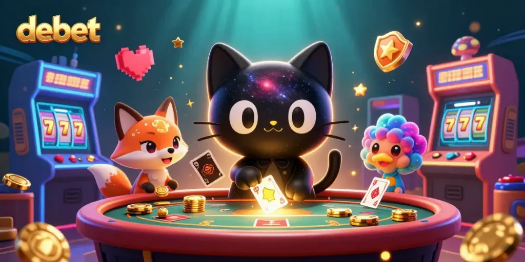 Engage in thrilling gaming with debet at interactive cosmic casino table filled with golden chips.