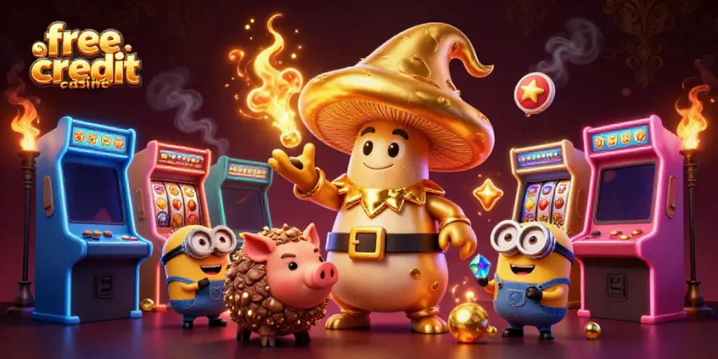 Experience the excitement of a free credit casino with a magical scene of characters channeling gold.