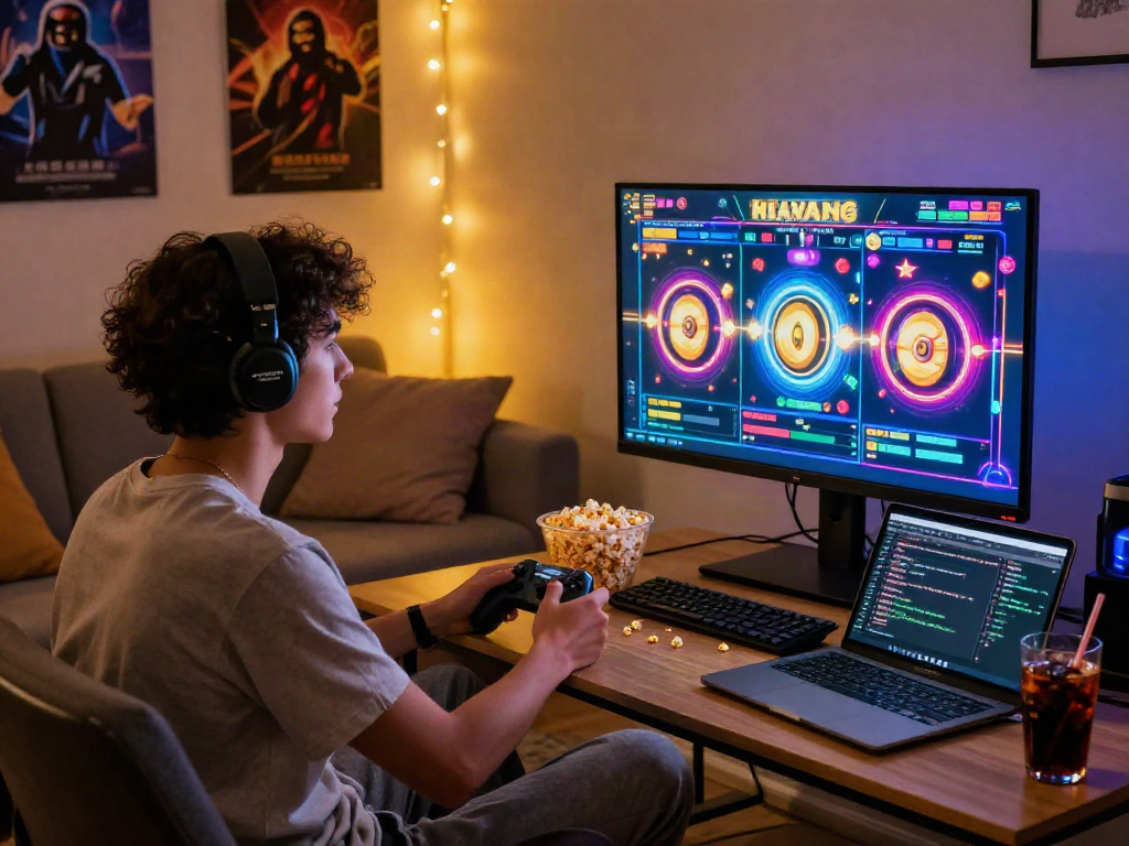 Engaging individual playing slot gacor malam ini, cozy gaming scene in evening light with snacks.