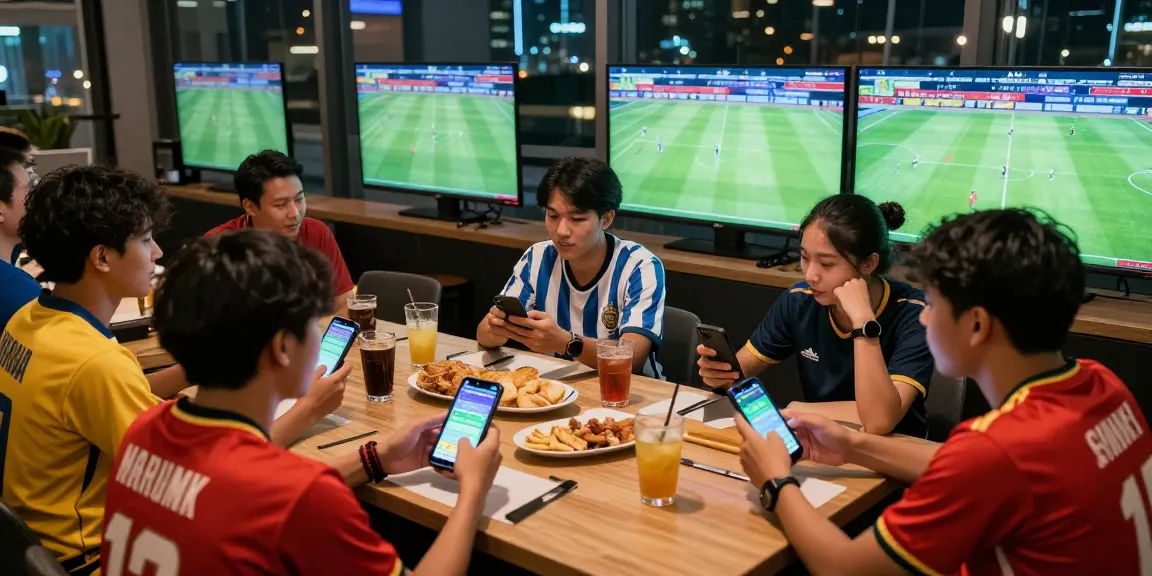 Exciting football betting scene in Malaysia with friends engaging in live matches and mobile bets.