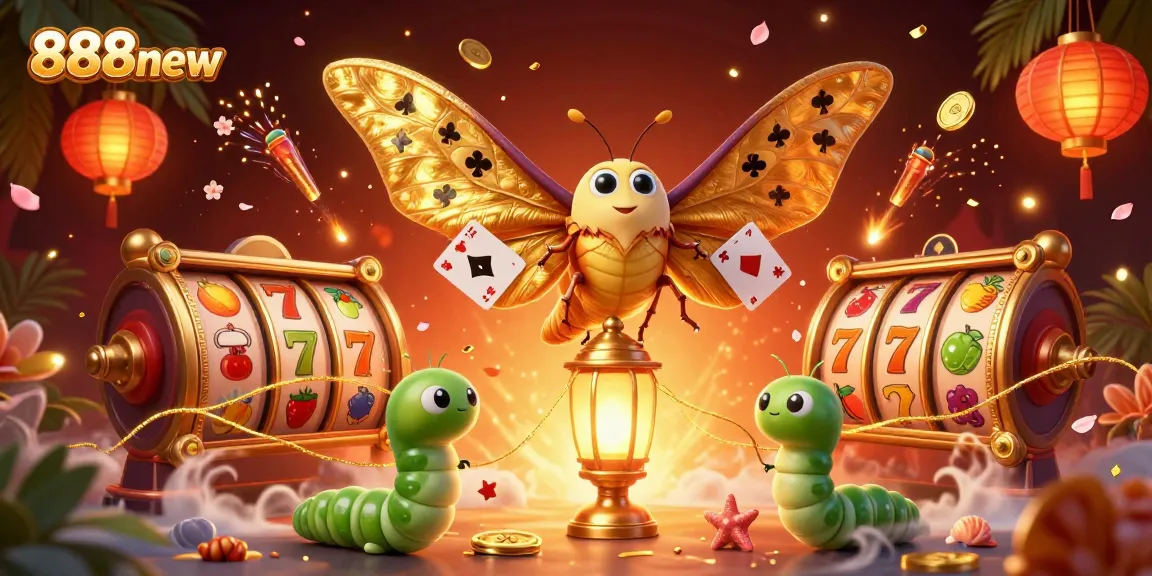 Engage with 888new's vibrant casino scene featuring a majestic moth and lively slot elements.