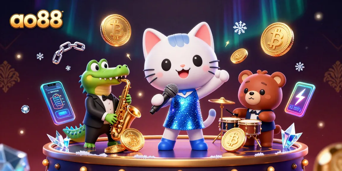 Join the excitement at ao88 with a lively casino scene featuring vibrant characters and crypto elements.