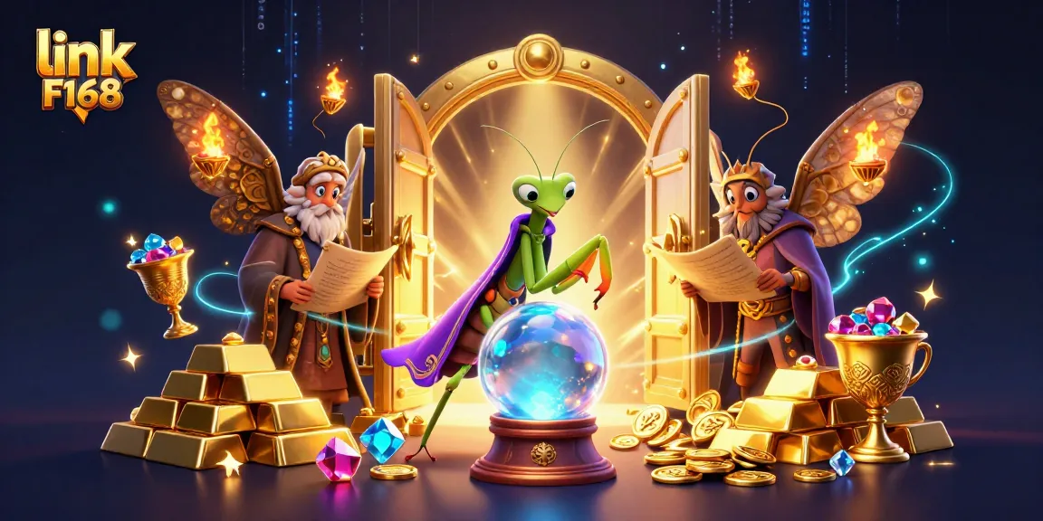 Play and win with link F168 at a vibrant casino, featuring mystical characters and treasure elements.