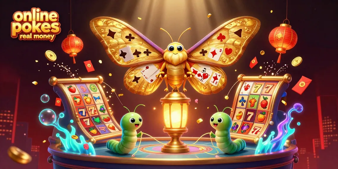 Experience online pokies real money like never before with a vibrant 3D scene of a moth and casino elements.