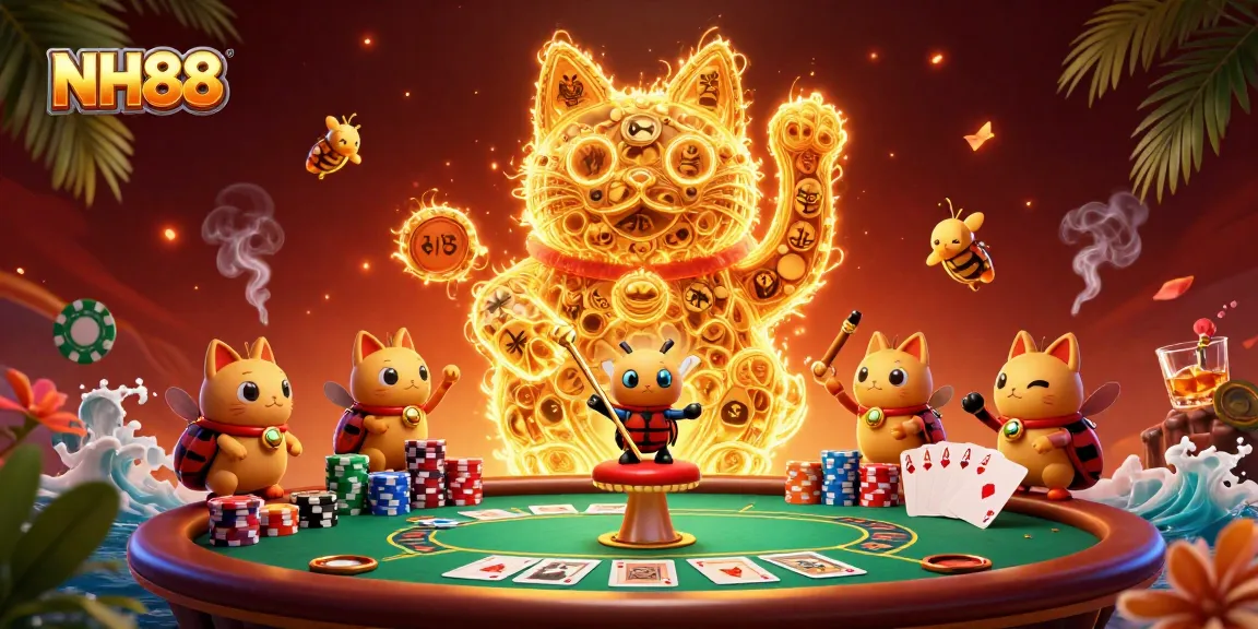 Experience NH88 with a dazzling golden lucky cat and poker scene in vibrant 3D illustration.
